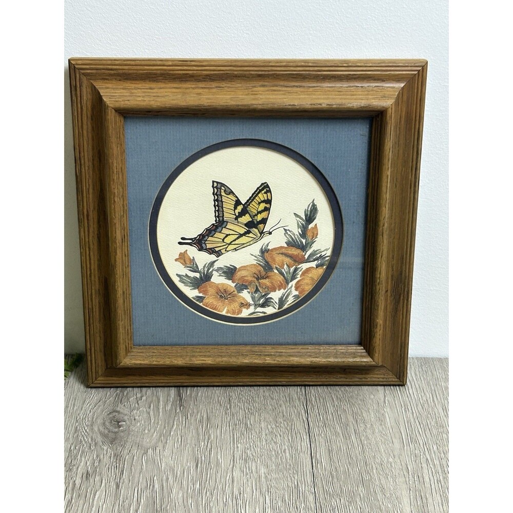 Vintage D Smith Minnesota Artist Print Butterfly And Flowers Matte & Framed 8”